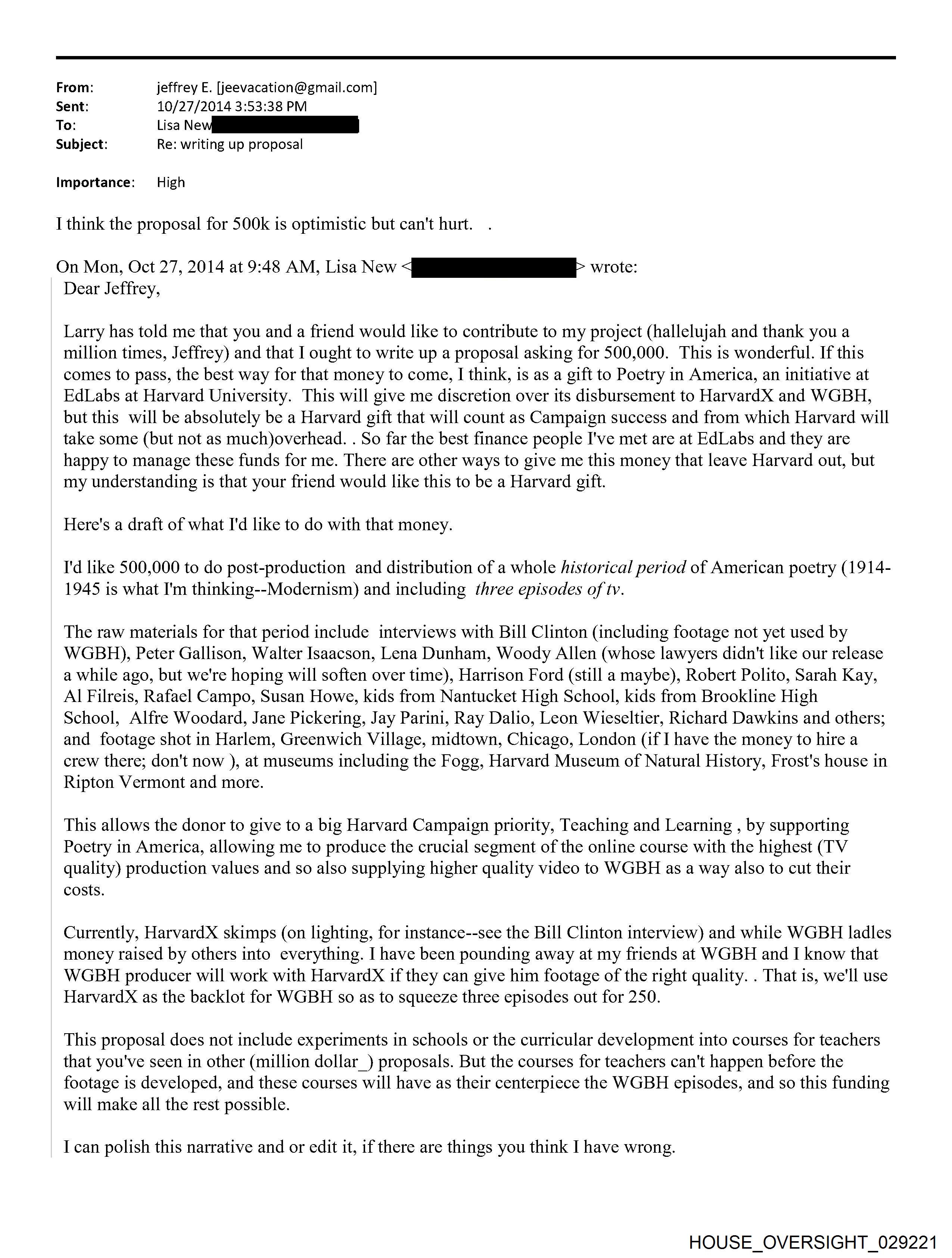 $500,000 Harvard Donation Email - HOUSE_OVERSIGHT_029221